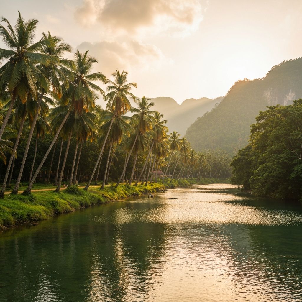 Coconut trees by river with mountains